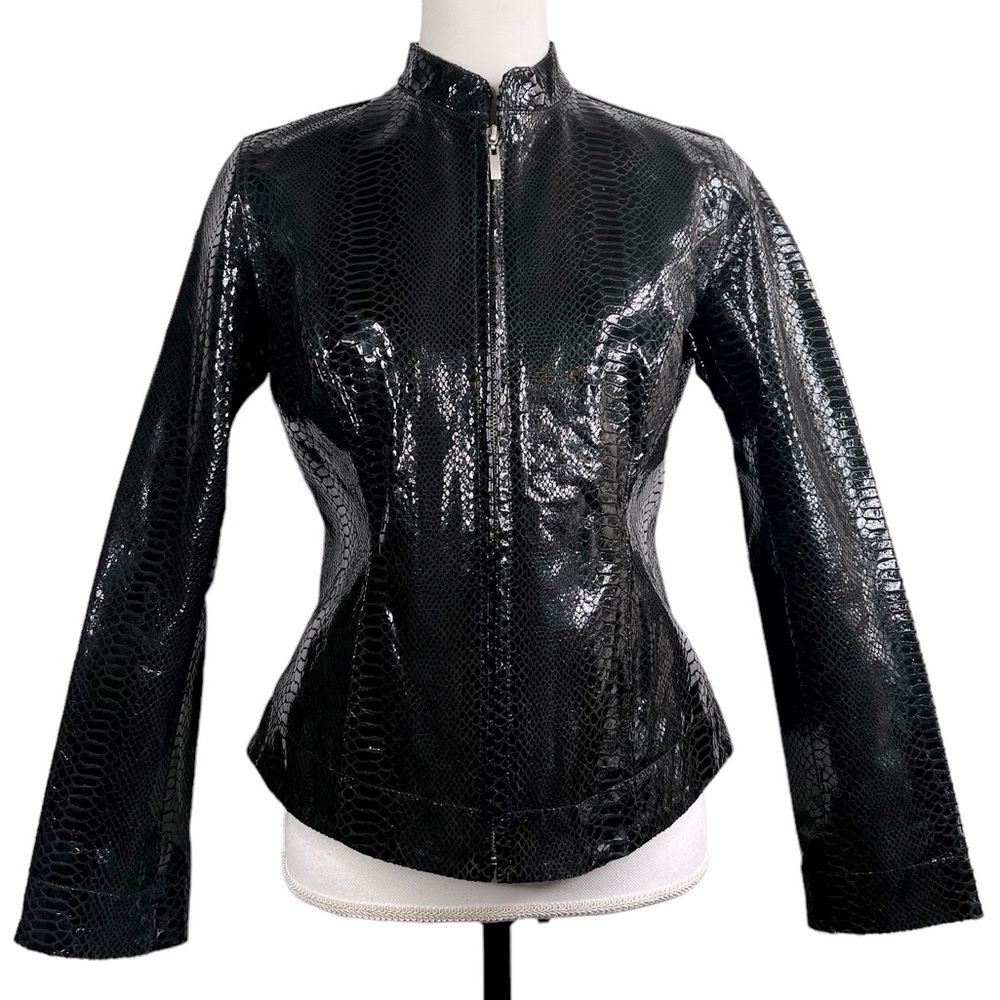 Chico's Women’s Shiny Black Lightweight Snakeskin Print Full Zip Leather Jacket